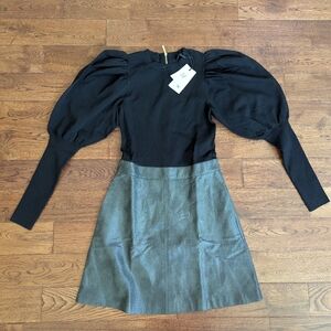 Ted Baker L/S Cocktail Dress Puff Sleeve Faux Crocodile Leather Skirt Size 4 NWT